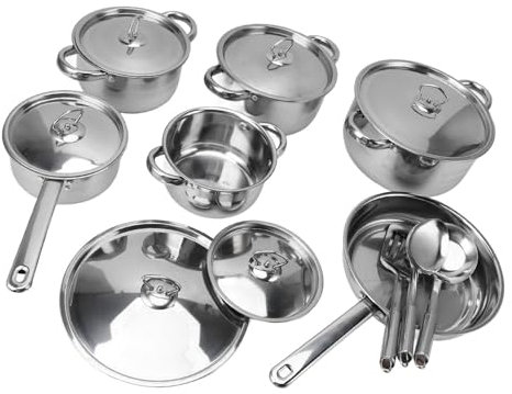 Fockety Juego de 15 Ollas y Sartenes de Acero Inoxidable, Utensilios de Cocina de Diseño Moderno Revestidos con Asas Resistentes Al Calor para el Hogar, Sartén Comercial para Hervir,