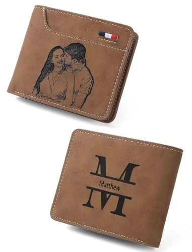 RolaOnly Personalisiert Leder Geldbörse für Herren mit Namen Foto Namen Gravur in Grau Braun Wallet Geschenke für Ehemann/Freund/Bruder/Vater (# 4)