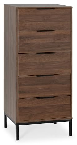 HOMN LIVING Commode Haute Auri avec 5 tiroirs, Couleur Noyer, 50 cm (Largeur) 40 cm (Profondeur) 115 cm (Hauteur)