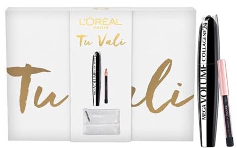 LOreal Paris Tu Vali Geschenkbox Mascara Mega Volume Collagen 24 Stunden Mini Schwarzer Bleistift mit weißer Tasche