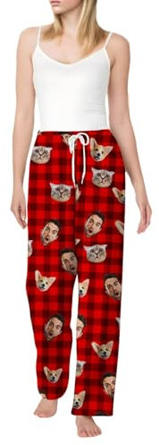 Generisch Leinenhose Gestreift Damen Custom Pajamas Pants Plaid Personalized Funny PJ Pant Design with Pajama for Men Women Dog Pet Damen-Hosen (Red, XL)