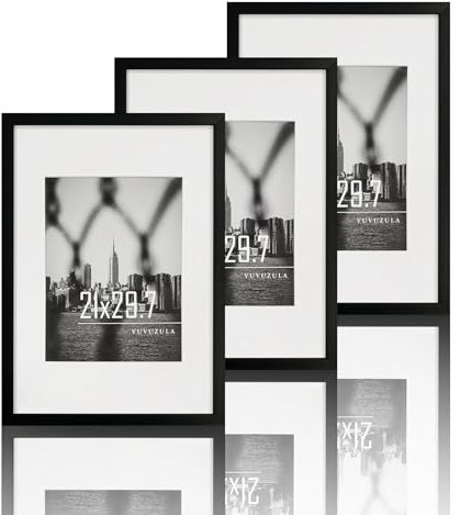 VUVUZULA Bilderrahmen A4 Schwarz 21x30cm 3er Set Fotorahmen Rahmen DIN A4 mit Passepartout Urkunden