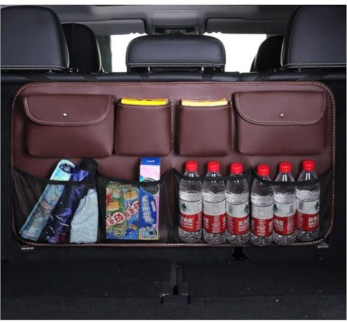 OZFRVXUG Kofferraum Taschen Auto für Audi Q3 Sportback 2019+, Hängend Leder Kofferraumtasche Faltbar Aufbewahrungstasche Auto ZubehöR,E/Coffee