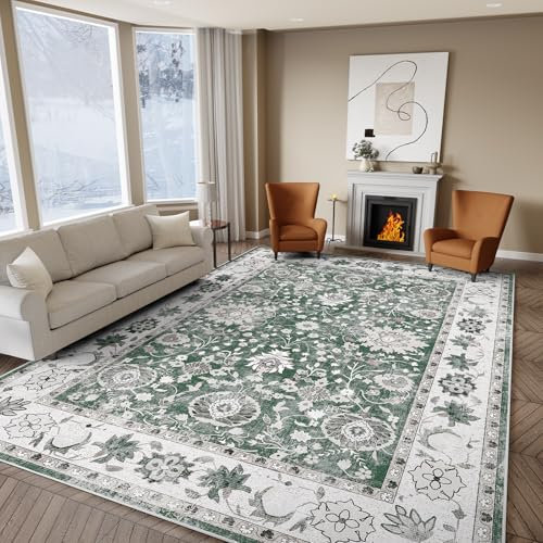 IKALIFE Teppich Wohnzimmer Vintage Waschbar - Kurzflor Waschbarer Teppich rutschfest Super Weich Blumen Design Groß Wohnzimmerteppich für Esszimmer Schlafzimmer 120x170 cm Grün