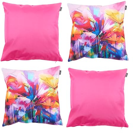 Bean Bag Bazaar Outdoor Cushions Filled, Floral Collection, Painted Flower and Pink, 43cm x 43cm, Water Resistant, Outdoor Cushions for Garden Furniture, Garden, Patio