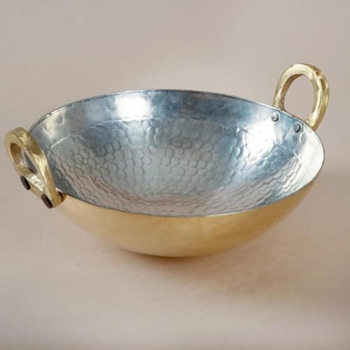 Kadhai in ottone, 1,5 litri, pentola tradizionale in ottone rivestito in stagno per friggere, soffriggere e cuocere lentamente, antiaderente, durevole, ecologico, ideale per cucinare indiano, curry e