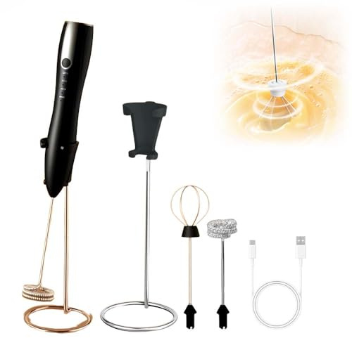 Elektrische Milchaufschäumer, Handheld Milchschäumer Stab für Kaffee, Wiederaufladbarer Milchaufschäumer, Tragbarer Mixer Milk Frother Mit 2 Ersatzköpfen für Matcha, Latte, Luna (Schwarz)