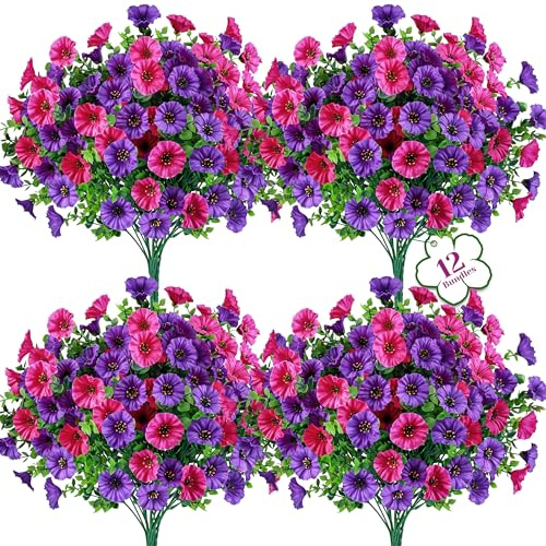 Der Rose 12 Bündel Künstliche Petunien und Prunkwinden Kunstblumen für Draußen UV beständig mit Trompetenförmigen Blüten künstliche Blumen für Blumenkasten Pflanztopf Veranda Terrasse Zaun Deko
