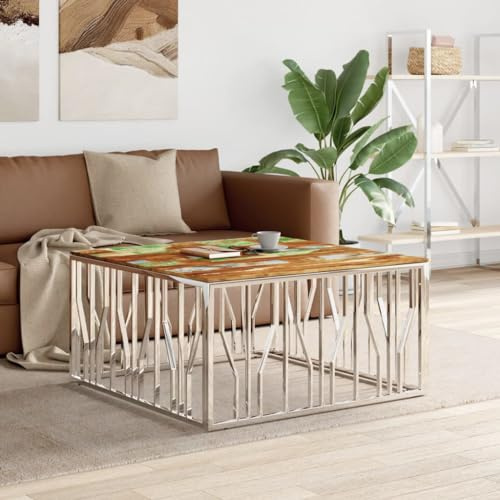 GeenYuu Couchtisch Silbern, Edelstahl und Altholz Massiv, 100x100x50 cm, quadratisch, einzigartiges Design für Wohnzimmer