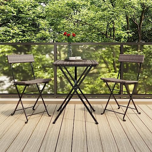 Mandloder 3-TLG. Bistro-Set Klappbar Grau Poly Rattan, Outdoor Möbel für Garten Balkon Terrasse, Platzsparend, Max. 110 kg Tragkraft pro Stuhl, wetterfest