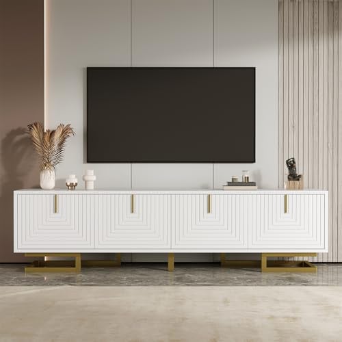 Merax TV Stand Cabinet, White TV Unit Storage Cabinet with 4 Doors, Textured Doors Design, Stabilizing Golden Handles and Golden Legs, 160 x 38 x 44.5 cm