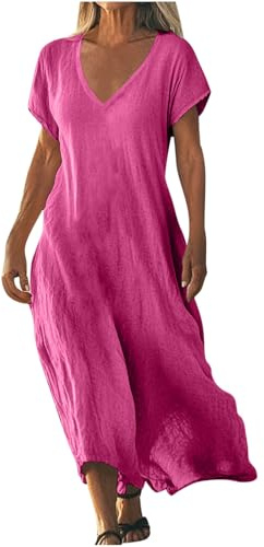AEGJEGVD 2026 Robe Longue Femme en Lin Décontractée Robes Chic et Elegant Grande Taille Leger et Respirant Ample Boheme Tunique Robe Fluide Ete Mi-Longue Max Dress de Plage Vacances