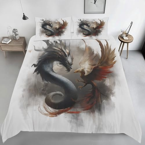 Housse de Couette 200x200 Dragon Phénix Imprimé, Parure de lit Tradition Chinoise Réversible Microfibre avec Fermeture Éclair, 2 Personnes, Ensemble de Literie 3 Pièces et 2 Taies d'oreiller H218j