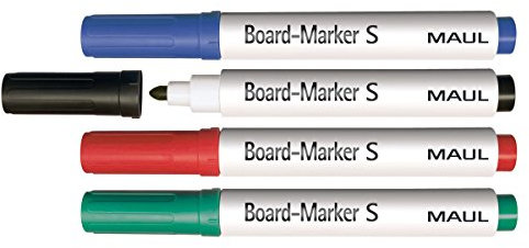 Maul Boardmarker S | Whiteboard Marker Set mit 4 farbigen Stiften | Rundspitze mit 1,5-2mm Linienbreite | Trocken abwischbar | Ideal zum Beschriften von Whiteboard und Kennzeichnungsband | Bunt