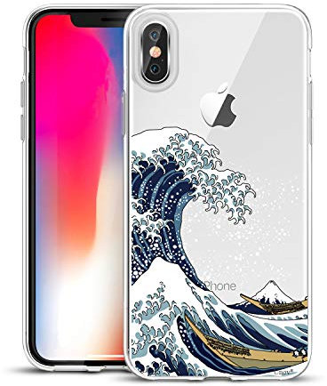 Unov Case Compatible with iPhone Xs iPhone X Case Clear with Pattern Slim Protective Soft TPU Bumper Embossed Design Shock Absorption 5.8 Inch (Great Wave)