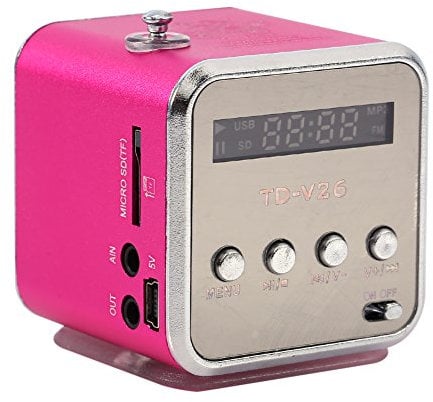 Yoidesu Portable Mini Speaker Music Player FM Radio Battery Powered Mini Digital Display Screen Speaker Music Player for Computer&Cell Phone Support TF card and U disk (Pink)