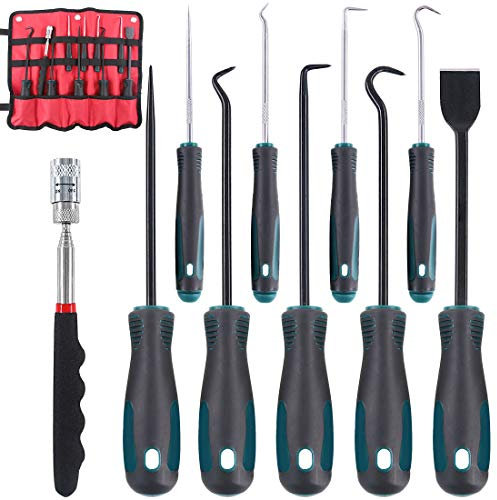 Glarks 10-in-1 Heavy Duty Haken und Pick Set, 9-teiliges Präzisionsschaber, mit einem 19 bis 69 cm Teleskop-Magnetabnehmerwerkzeug zum Entfernen von Dichtungen, Federn, Öldichtungen, O-Ringen