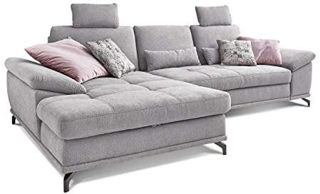 Cavadore L-Form-Sofa Castiel mit Federkern / Große Eckcouch mit Sitztiefenverstellung, Kopfstützen und XL-Longchair / 312 x 114 x 173 / Webstoff, Hellgrau