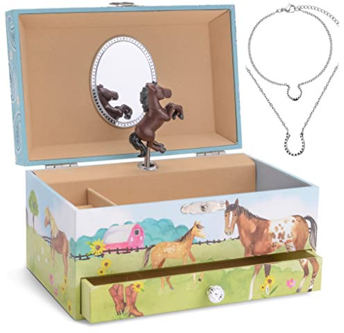 Jewelkeeper - Carillon portagioielli con Cavallo e set di gioielli per bambine - 3 regali a tema cavalli per ragazze