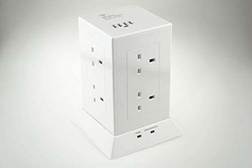 WK Electrical - Vertical Power Tower 8 Gang Extension Electric USB charging Socket with Surge Protection & 1.5M Powercord - 4800mA (White)