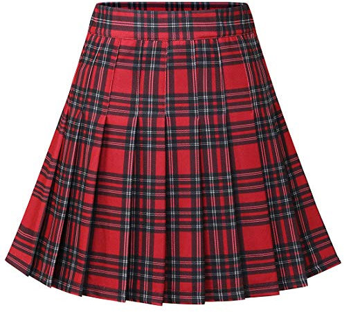 Dressystar Damen Kariert Faltenrock Schulmädchen Basic Karo Tartan Mini Gefaltet Rock Rot Schwarz Plaid XXL
