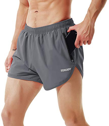 TENJOY Herren Laufshorts Gym Athletic Workout Shorts für Männer 7,6 cm Sportshorts mit Reißverschlusstasche Dunkelgrau M