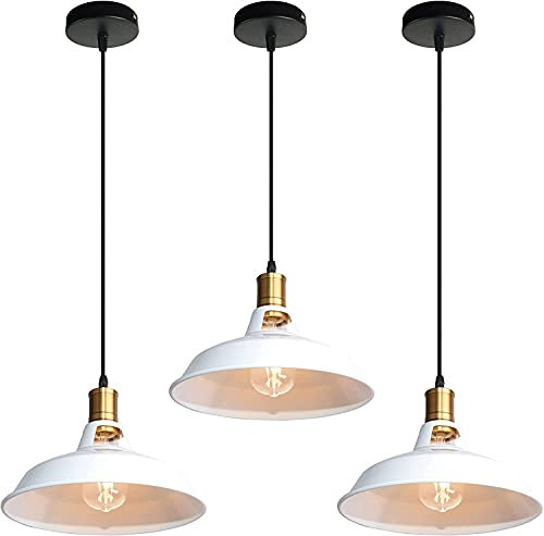 TOKIUS Lot de 3 Suspensions Lustres Industrielles Vintage Luminaire Plafonnier E27 Salon Abat-jour Plafond en Métal Rétro Style Nordique Design Câble Réglable (Blanc, 3pcs)