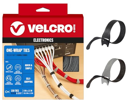 VELCRO Paquete económico de 150 bridas para cables, reemplaza las bridas con correas reutilizables, reduce los residuos, para gestión de cables y organizador de cables, diseño precortado fino de 8 x
