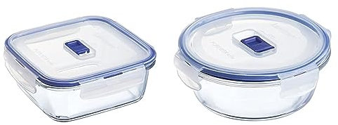 Luminarc HERMETICO CUAD 122CL Pure Box Active Lum, Transparente y Azul, 1.22 L + Pure Box Active Recipiente hermético de vidrio, redondo, tamaño 0,67 litros