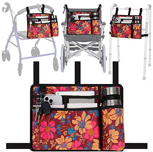 supregear Accessories Bag for Walker, Wheelchair, Rollator for Seniors, w/Cup Holder-Folding Walker Basket Large Capacity Waterproof Walker Caddy Pouch (Floral)