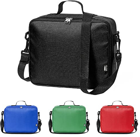 TIENDA EURASIA - Bolsa Termica Porta Alimentos, Nevera de Tela Portatil con Base Reforzada, Interior Isotermo, Incluye Asa y Cinta de Bandolera Ajustable (Negro)