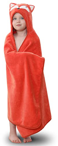 TBEZY Hooded Towel for Kids 100% Cotton Ultra Soft with Unique Animal Design Large for Infants 3-10 Years (Fox)