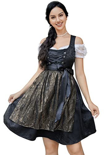 Clearlove Dirndl Damen midi 3tlg.Trachtenkleid für Oktoberfest,Karneval,DREI Teilig: Kleid, Bluse, Schürze(Verpackung MEHRWEG),Schwarz,36