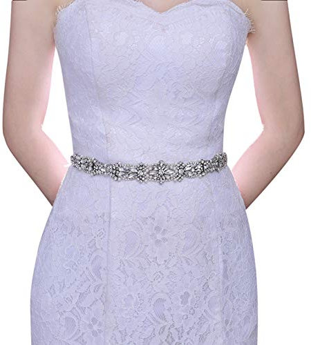 YouLaPan Guertel Hochzeit Perlen Gürtel Brautkleid Glitzer Silber Strass Damen Schärpe für Abendkleid (Elfenbein)