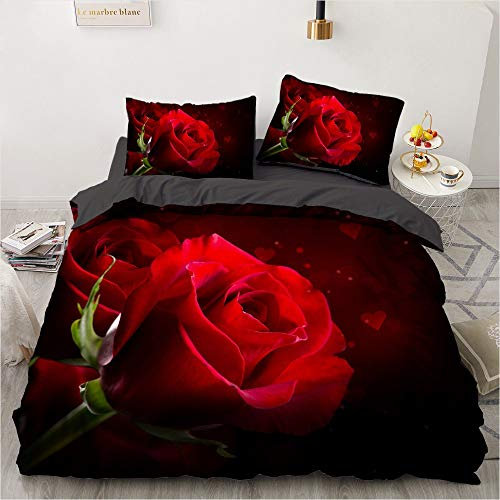 Luowei Parure de lit 220 x 240 cm en microfibre douce avec housse de couette et 2 taies d'oreiller 80 x 80 cm Motif fleurs roses rouges