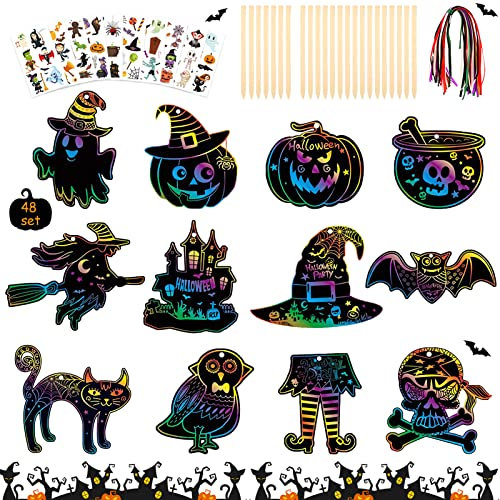 TOPJOWGA Halloween Kratzbilder, 48 Stück Halloween Kratzbilder Bastel Set mit 10 Aufkleber, Halloween Anhänger Kratzbilder Kürbis Fledermaus Geist Schädel Eule Party Mitgebsel zum Basteln