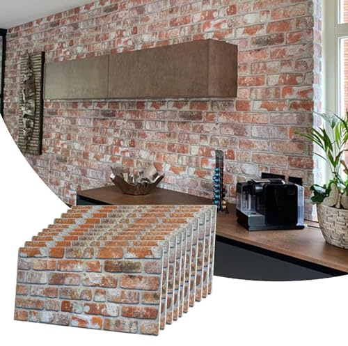 Dundee Deco 3D Wall Panels Faux Brick - Cladding, Red Grey Brown Stone Look Wall Paneling, Styrofoam Facing for Living Room, Kitchen, Bathroom, Balcony, Bedroom, Set of 10, Covers 53 sq ft