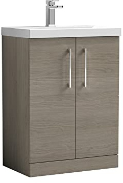 nuie ARN2503D Arno Modern Bathroom Floor Standing 2 Door Vanity Unit with Thin-Edge Ceramic Basin, Solace Oak