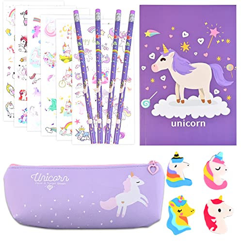 faburo Cancelleria per Unicorno, 16pz Set Cancelleria Unicorno, Set di Matite a Forma di Unicorno Astucci Penna per Materiale Scolastico Ragazze Present