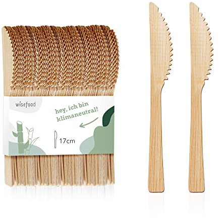 wisefood Bambus Einweg Messer, 200 Stück 17cm, Bambusbesteck, biologisch abbaubares Einmalbesteck, Bambusgeschirr Set, natürliche Bambusmesser, Einweggeschirr, Partygeschirr