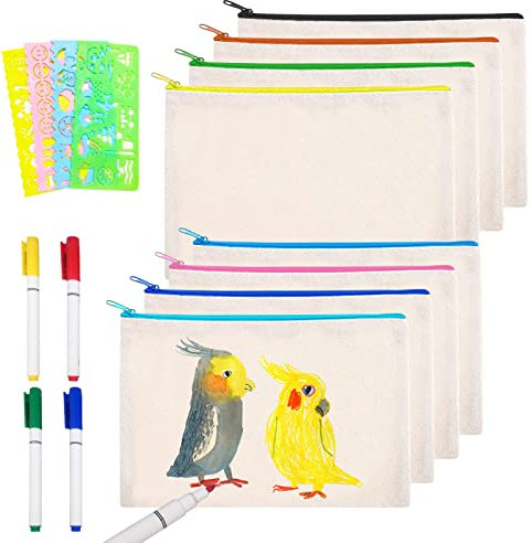 Stoffbeutel zum Bemalen, 8 Stück Blanko Stoffbeutel mit Reißverschluss, 4 Schablonen Malen, 4 Buntstiften, 21 X 12 Cm, Verfügbar für DIY, Zur Aufbewahrung von Schreibwaren, Kosmetik, Kleinigkeiten