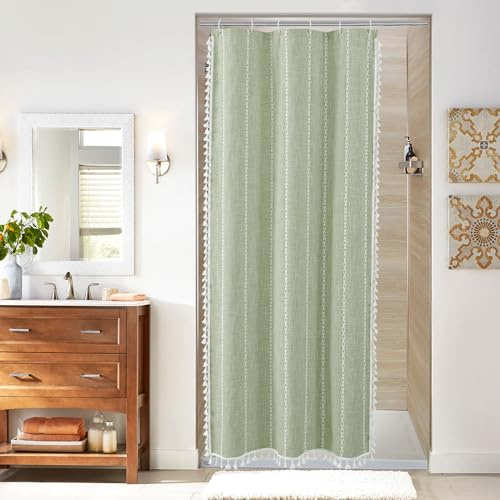MitoVilla Petit rideau de douche en tissu, coton et lin, à pompons, style rustique, bohème chic et moderne - Pour décoration de salle de bain - Vert sauge, 91,5 x 183 cm