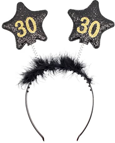 Cerchietto con Numero 30 Anni Donna per Compleanno Anniversario Festa Party Corona Fascia con Antenne a Stella Trenta Unisex - Nero Oro