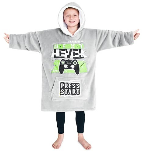 CityComfort Felpa Coperta Bambino - Felpe Oversize con Cappuccio in Morbido Pile Taglia Unica - Regalo per Gamer (Grigio/Verde)