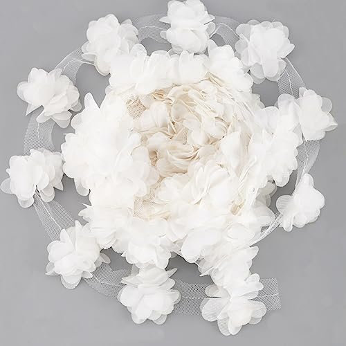FINGERINSPIRE 9.1 m X 25 mm Chiffon Blumen Spitzenbesatz Zum Nähen - 3D Besatz Blumencluster Spitze - Weißer Handgefertigt Besatz für Braut Hochzeitskleid Kostümdekoration