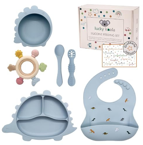 Lucky Koala® Juego de vajilla infantil de dinosaurio en silicona I Plato y bol para bebé con ventosa, babero, cuchara I Silicona de grado alimenticio I Sin BPA I Empaque de regalo