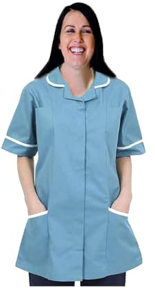 Skywear T66 Ladies Tunic Tops - Women's Healthcare & Beauty Tunics for Women UK | Work Uniforms for Office, Salon, Nurse & Spa - Multicolor Short Sleeve Tops, Teal with White Trim, 8