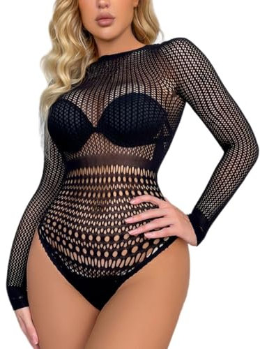 SamHeng Women Long Sleeves Fishnet Bodysuits Stretchy See Through Crew Neck Sexy Bodysuit Top Leotard Clubwear Black
