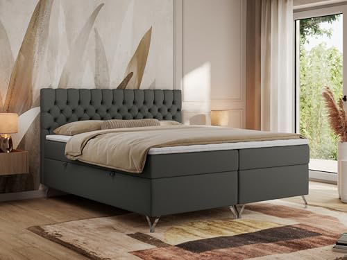 MKS MEBLE Boxspringbett 180x200, Bett mit Matratze H3, Boxspringbett mit Bettkasten und Topper, Polsterbett mit Füße - GRIMALDI - 180x200 - Dunkelgrau Kunstleder - H3