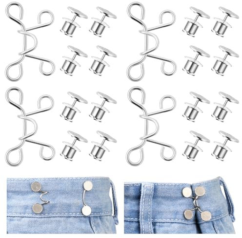 24 Pieces Pant Waist Tightener, Adjustable Waist Buckle Extender Reusable Waistband Tightener No Sewing Required Button Adjuster Detachable Buttons Pins Jean Buttons for Loose Jeans (4 Set,Silver)